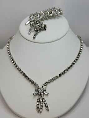 Vintage Crystal Drop Necklace and Earring Set - Silver Tone